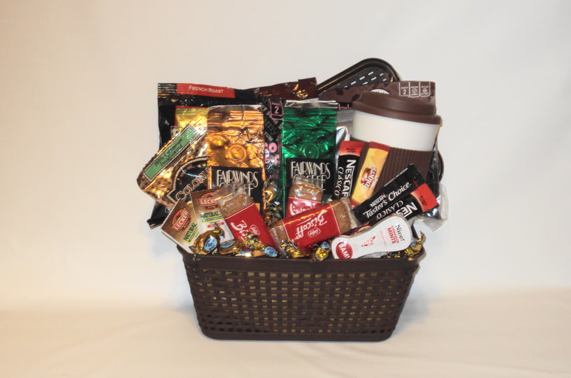 Coffee Station Gift Basket. Custom basket filled with variety of sample coffee, cookies , mints, travel tumbler and more. 