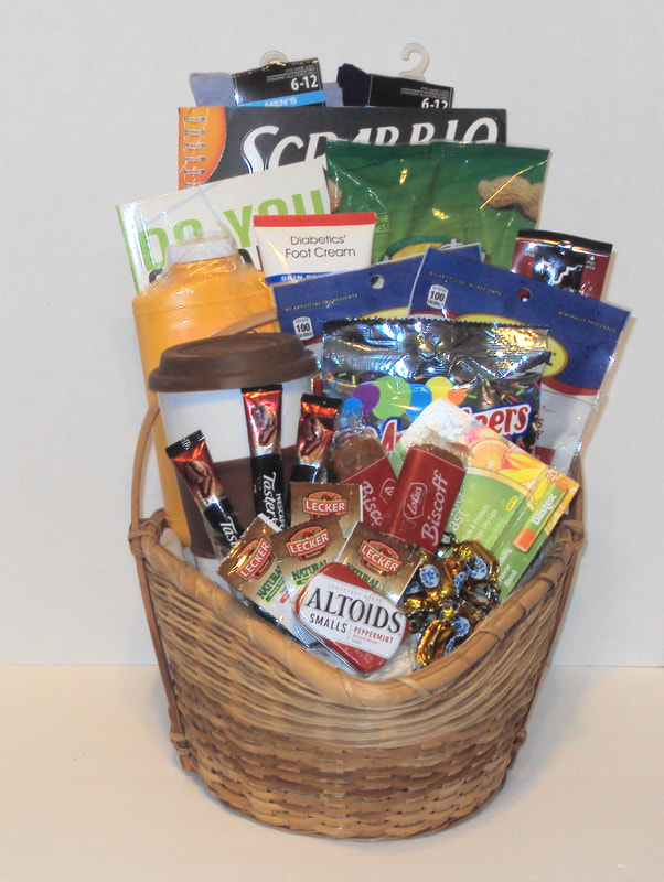 Large custom basket mix and match items, coffee, teas, snacks, nuts, cross-word and mind teasers games. diabetic & Dialysis friendly gift basket.