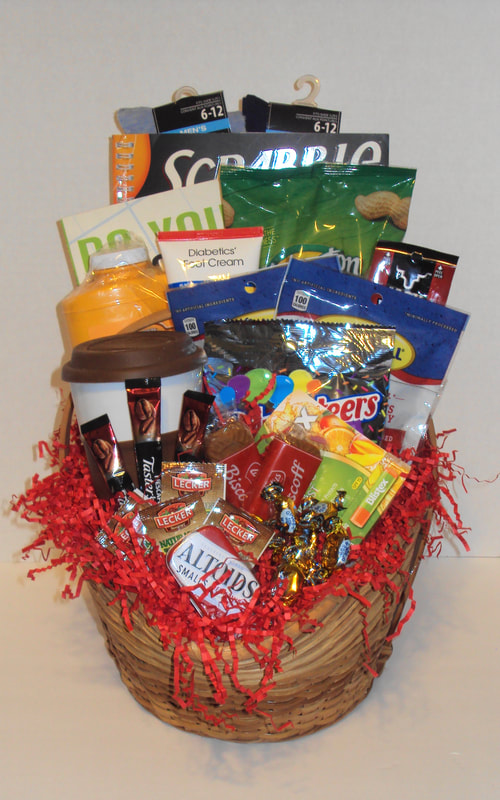 Mix and match custom basket filled with gift   items, coffee, teas, snacks, nuts, cross-word and mind teasers games. diabetic & Dialysis friendly gift basket.